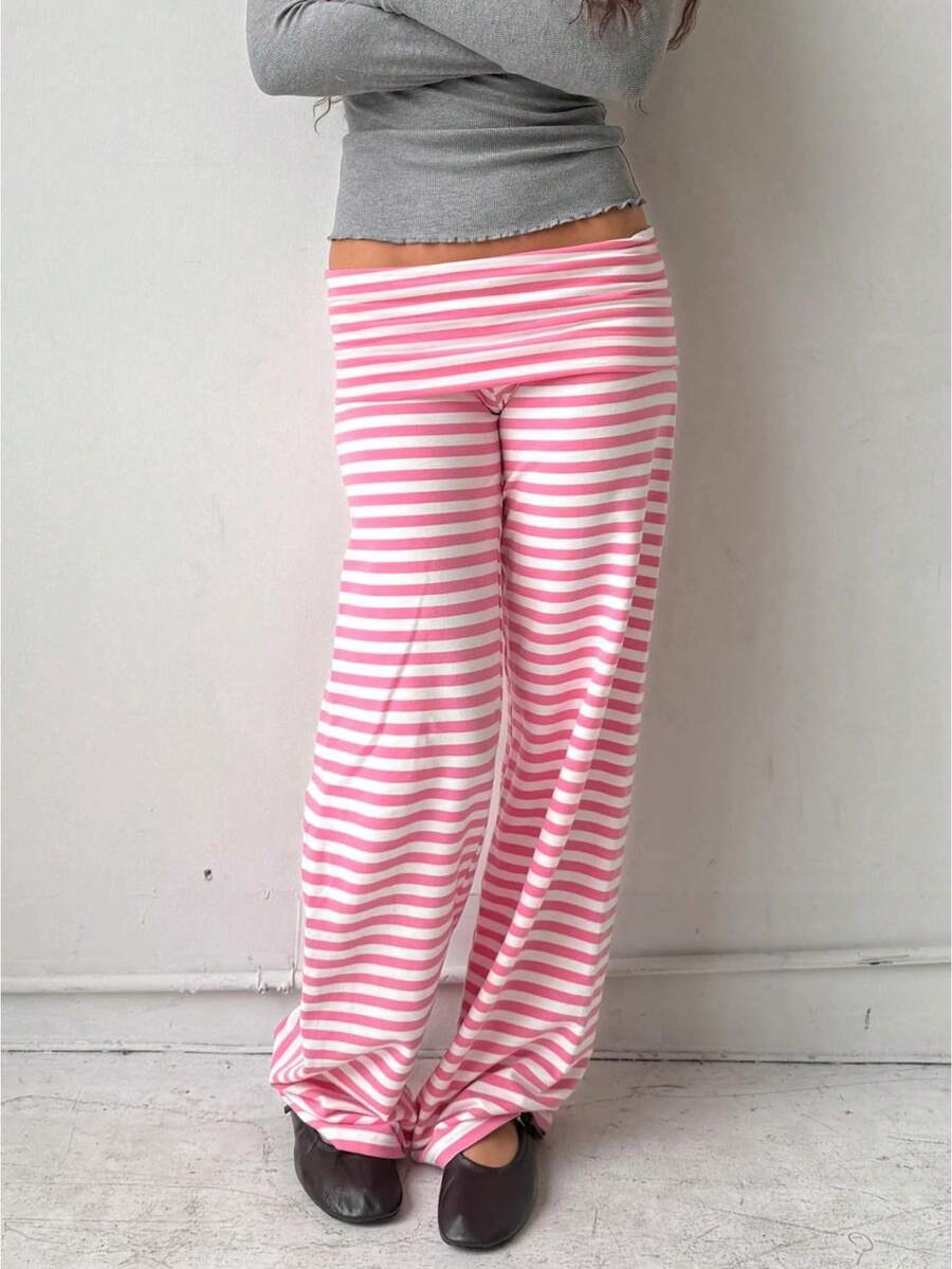 Lounge Yoga Pants For Women Fold Over Low Waist Wide Leg Sweatpants Flare Leggings Bell Bottoms Y2K Foldover Pants - 粉色 - 查看 1