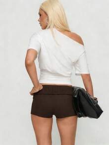 Women's Fold Over Waist Knitted Shorts Y2k Low Waist Striped Print Color Block Slim Fit Hot Pants Party Clubwear Going Out Sweater Shorts Loungewear Bottoms Stretchy Yoga Shorts Summer Casual Active Jogger Sweatshorts - 摩卡棕 - 查看 2