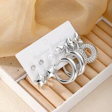 Set de 12 piezas de aretes en forma de C con estrella de 3D de perlas y rhinestone 2026, diseño elegante y minimalista de lujo, adecuado para uso diario - Plateado - Ver 5