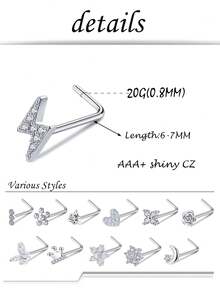12 piezas Anillos de nariz en forma de L con circonita cúbica, diseños de mariposa, flor, ojo, luna, corona y rayo para mujeres y hombres - Plateado - Ver 3