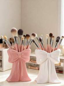 White Ceramic Bowknot Toothbrush Holder Set, Cute Bathroom Countertop Storage Rack With Bowknot Decor, Toothbrush & Toothpaste Holder Suitable For Vanity, Home Bathroom Accessories - Multicolor - View 7