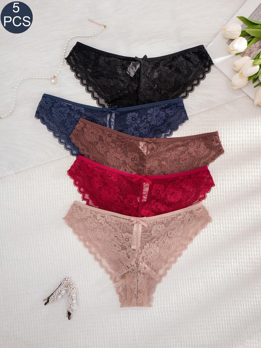 5pcs/Pack Women's Lace Bow Comfortable Bikini Panties - Multicolor - View 1