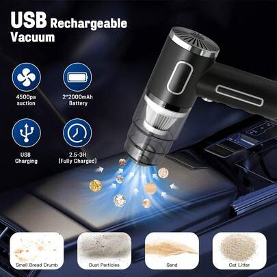 SOKANY 便携式手持车载吸尘器，2000mAh大容量电池，3000Pa强劲吸力，手持便携设计，USB充电，适用于清洁汽车、车间、电脑、家居、装饰、办公室和家用沙发