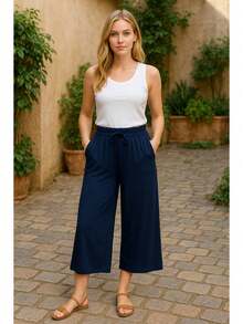 Women's Pantacourt Pants In Viscolycra Knit, Capri, Simple Casual, With Drawstring Pocket - 藏蓝色 - 查看 12