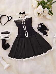 Sultry Naughty Maid Costume - Women's Sexy Lingeriee & Underwearr, Frilly A-Line Dress With Contrast Lace Trim, Gloves, Stockings, Choker, And Headband For Cosplay & Role-Play - Black - View 3