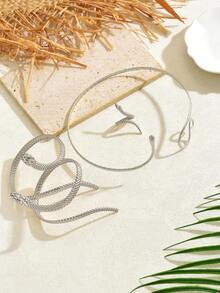 Set de 4 piezas de joyería minimalista con forma de serpiente, incluyendo pulsera, brazalete, anillo y collar, en estilo casual para mujer, para uso diario, playa, vacaciones, un regalo versátil - Plateado - Ver 2