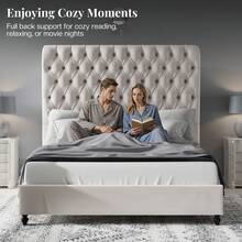 Modern Bedroom Platform Bed, Velvet Upholstered Bed With Tall Headboard - 奶油 - 查看 5