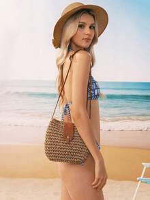 Swim Mod Fashionable Minimalist Straw Woven Pu Shoulder Bag - Brown - View 3