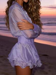 Women Fairycore Sheer Mesh Ruffle Mini Dress Y2K Aesthetic Button Up Shirt Dress Sexy Mermaidcore See Through Beach Cover Up For Summer Vacation Clubwear - 淡紫色 - 查看 6