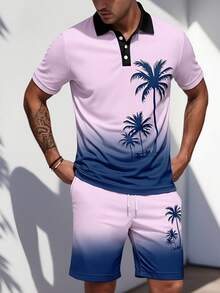 Bộ đồ thể thao nam gồm áo polo tay ngắn và quần short in hình cây dừa phối màu gradient, thích hợp cho kỳ nghỉ biển. - Nhiều màu - Xem 3