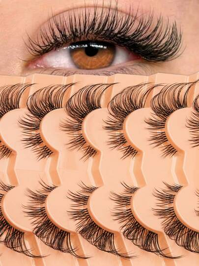 7 Pairs Half-Strip False Eyelashes, Transparent Band With Cat Eye Tail Extension, Natural & Delicate Faux Mink Lashes, Fluffy & Soft, For Natural Makeup Look