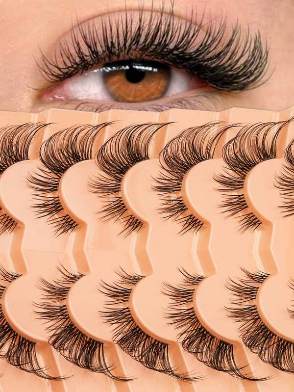 7 Pairs Half-Strip False Eyelashes, Transparent Band With Cat Eye Tail Extension, Natural & Delicate Faux Mink Lashes, Fluffy & Soft, For Natural Makeup Look