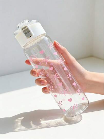 1pc (350/550/800ml) Butterfly And Love Printed Transparent Sports Water Bottle, Portable Large Capacity Fitness Cup, Juice Bottle, Easy To Clean, Suitable For Outdoor, Travel, Office, Fitness, Shopping, Back To School Season, Travel Essential, Gift For Women, Gift For Friends