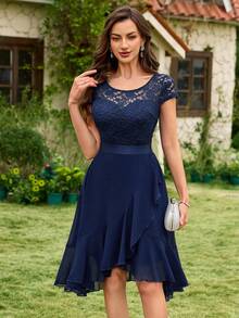 MIUSOL Floral Lace Round Neck Asymmetrical Ruffle Hem Chiffon Prom Party Swing Dress Wedding Spring - Navy Blue - View 4