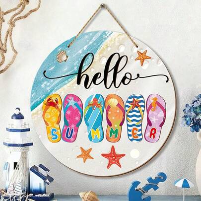 1pc Hello Summer Door Sign Summer Welcome Door Sign Summer Beach Themed Wooden Door Hanger Summer Flip Flop Welcome Sign Hanger Rustic Summer Round Hanging Sign For Outdoor Porch Home Decoration
