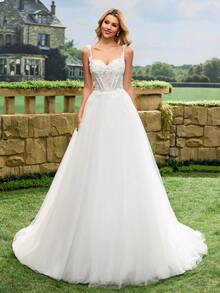 Váy cưới voan mỏng lãng mạn, dây mảnh, ren - Váy cưới thanh lịch - trắng - Xem 6