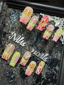 10pcs Handmade Fully Covered Square Nails Press On Nails, Green Nails, 3D Butterfly& Flower& Pearl& Gradient Decor, Detachable And Reusabl, Y2K Sweet Cute Style False Nails, Suitable For Party, Daily Wear, Cosplay, With Jelly Glue And Nail File - Green - View 2