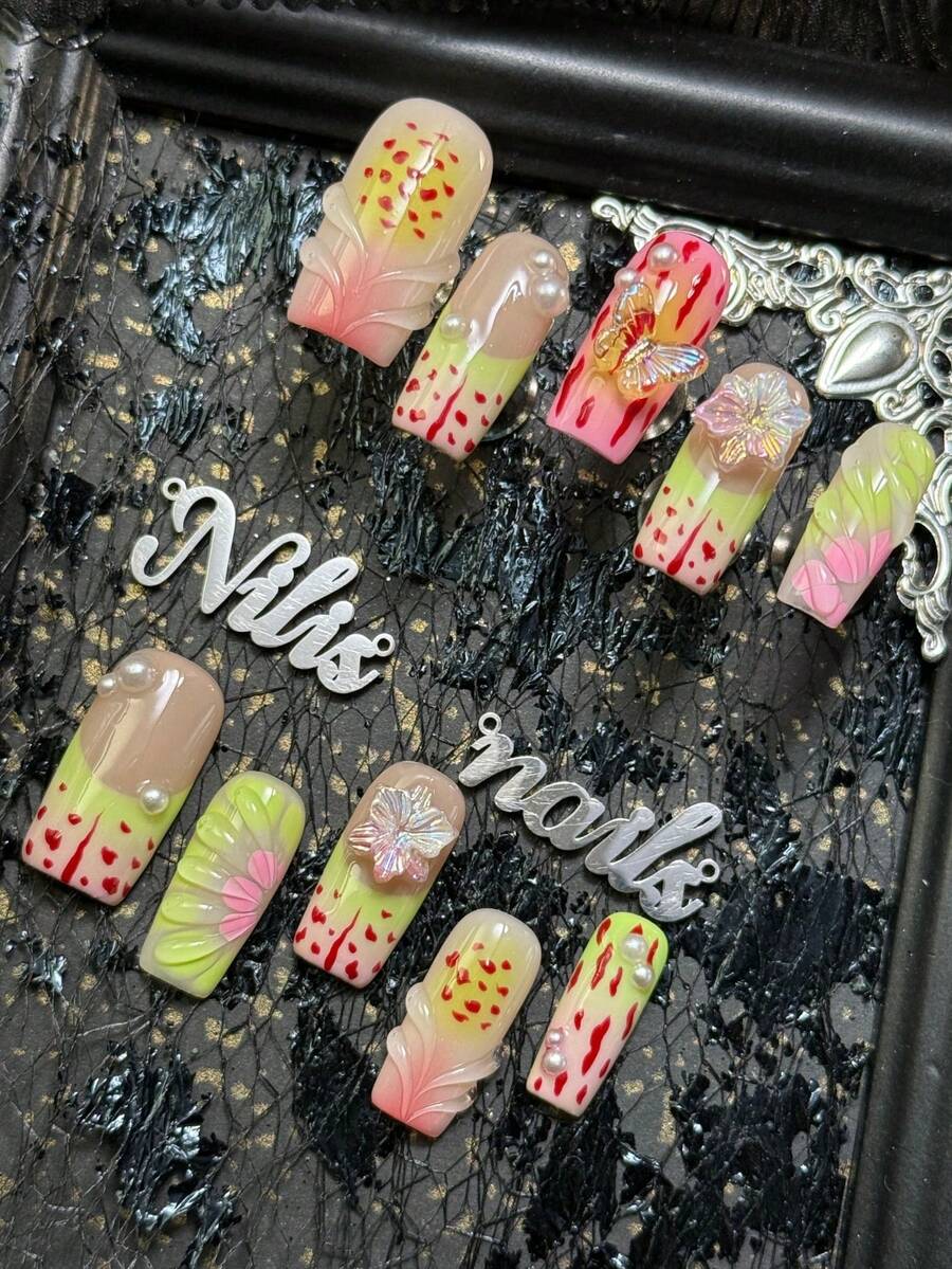 10pcs Handmade Fully Covered Square Nails Press On Nails, Green Nails, 3D Butterfly& Flower& Pearl& Gradient Decor, Detachable And Reusabl, Y2K Sweet Cute Style False Nails, Suitable For Party, Daily Wear, Cosplay, With Jelly Glue And Nail File