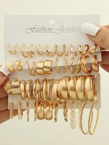 Bộ 48/36/12 khuyên tai kim loại phong cách Bohemian dành cho nữ, khuyên tai ngọc trai giả, khuyên tai hình chữ C hình học, thích hợp cho cuộc sống hàng ngày, trang phục dự tiệc, bộ trang sức làm quà tặng ngày lễ - Vàng - Xem 14