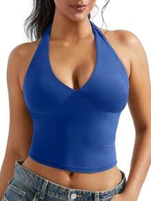 OMKAGI  Women's V-Neck Collarless Short-Sleeved Tank Top Y2K  Streetwear Style Top See-Through Top With Exposed Neckline - 藍色 - 查看 10
