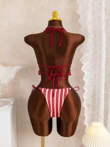 两件式红米色条纹荷叶边挂脖比基尼 - 女士可爱夏季沙滩装，侧系带两件式泳衣 - 彩色 - 查看 4