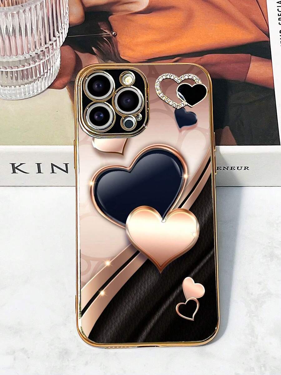 1个黑色TPU电镀心形图案防震手机壳和1个黑色电镀水钻心形配套手机壳，适用于安卓手机：，兼容OPPO，兼容苹果17、16、15、14、13、12、11 Pro Max；A52 4G、A31 4G、A23；兼容红米Note 11 Pro 4G - 彩色 - 查看 1