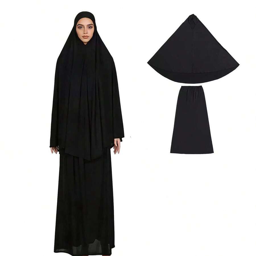 一套穆斯林女装，中东女士经典头巾长裙套装，适合日常穿着 - 藏青 - 查看 1