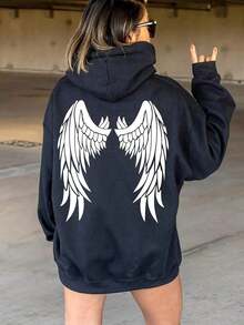 Plus Size - Plus Size Casual Hoodie With Printed Design On The Back - Black - View 2