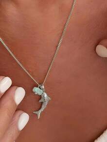 1件春夏简约时尚鲨鱼吊坠项链，优雅颈链饰品 - 彩色 - 查看 4