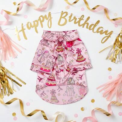 1pc Pet Dog Pajamas, Pink Birthday Party Style Dog Shirt, Suitable For Small/Medium Dogs & Cats, As Pet Birthday Gift