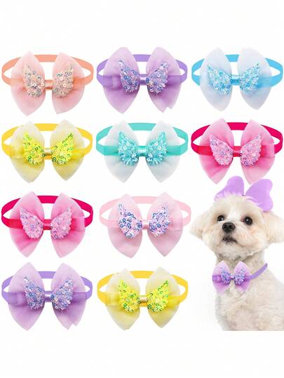 4pcs Glitter Wing Mesh Layered Bow Sweet Princess Style Adjustable Collar, Suitable For Small And Medium-Sized Cats And Dogs, Wedding Pet Video Accessory, Exquisite And Perfect Pet Photo Prop Birthday Gift, Random Style