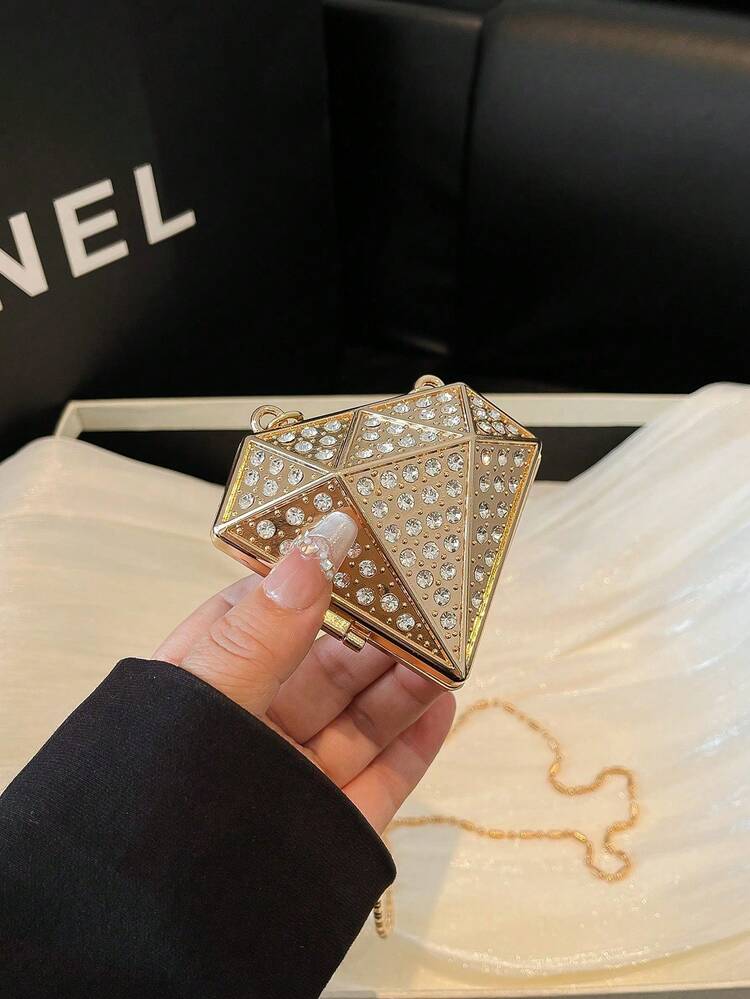 Nuevo bolso de mano con forma de diamante, bolso de noche de moda con correa de cadena, bolso de hombro como regalo para una cita - Dorado - Añade 3