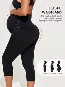 Maternity Abdominal Support Capri High Waist Full-Length Leggings With Expandable Belly Panel - Black - View 2