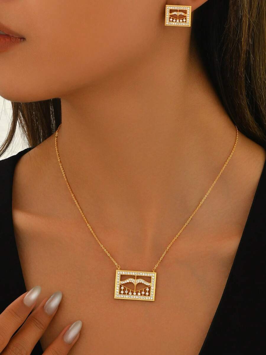 3pcs Set French Elegant Plated Gold Zirconia Geometric Tassel Pendant Jewelry Set, Suitable For Women's Wedding, Birthday, Party Wear - Yellow Gold - View 1