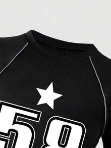 Conjunto de camiseta de manga corta con estampado numérico y pantalones para adolescentes - Negro - Ver 3