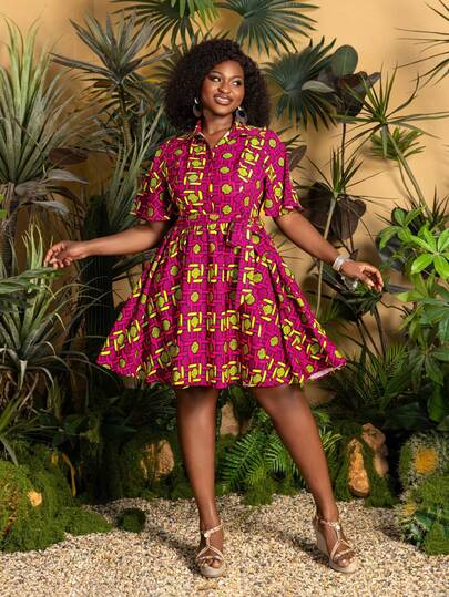 Faeriesty 大码优雅翻领短袖衬衫裙，高腰百褶裙摆，A字版型，适合婚礼宾客、伴娘伴郎、订婚派对、正式晚宴、专业摄影等场合。