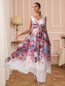 Bohemian Style Sleeveless Deep V-Neck Printed Long Bridesmaid Dress With Ruffle Details - Multicolor - View 5