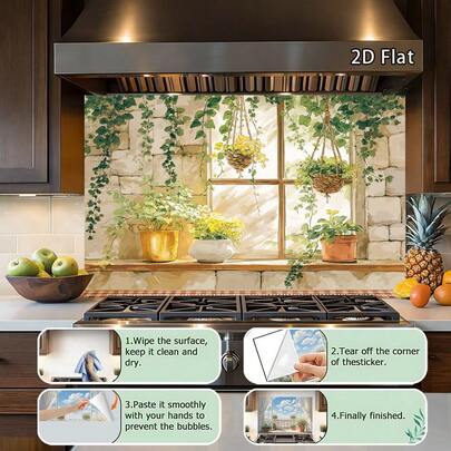 1pc Green Plant Wall Sticker, Suitable For Kitchen Countertop Back Panel – Window View Design, Dining Room Wall Hanging Plant Sticker, Creating A Warm And Inviting Atmosphere, Modern Style Wall Sticker, Self-Adhesive Kitchen Decoration And Accessories, 2D Flat Design