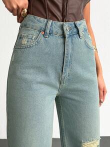 Women's High Waisted Wide Leg Jeans With Distressed Ripped Details And Pockets Long Length Denim - Green - View 3