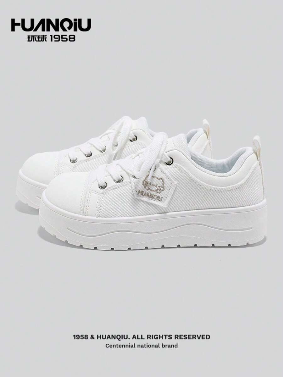 Thick Sole Sneakers, Korean Style Niche Design, Increase Height, Casual Black & White Contrast Color, Cat Embroidery Skate Shoes - White - View 1