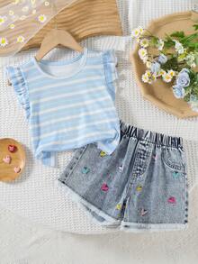 Bộ 2 món cho bé gái, gồm áo thun kẻ sọc mềm mại, thoáng khí và quần short denim dáng rộng thêu hình trái tim có tua rua, thích hợp mặc mùa hè. - Nhiều màu - Xem 1