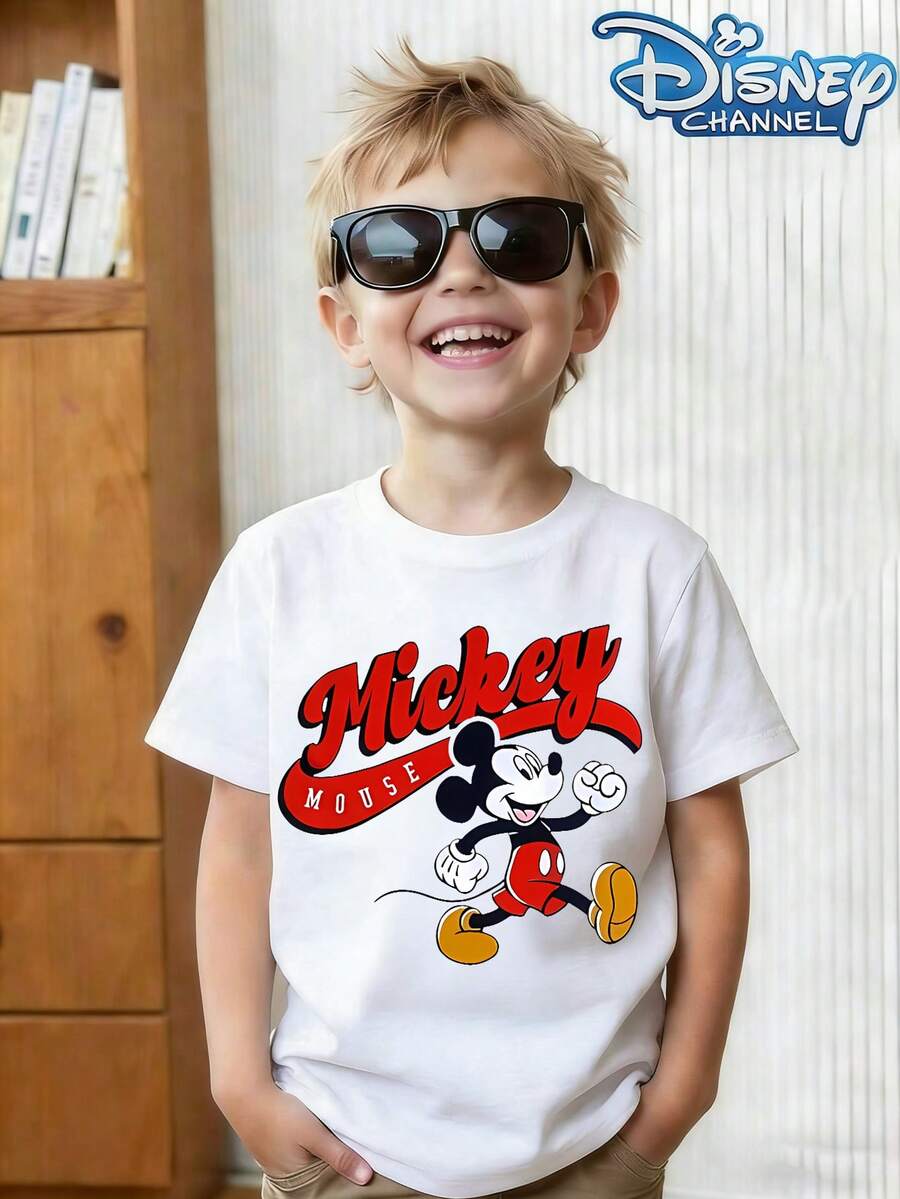 Disney Shining Boy (Double-Sided Print): Mickey Mouse No: 28, Themed Cartoon Print, Casual And Simple Short Sleeved T-Shirt, Suitable For Spring And Summer Seasons, Suitable For Boys And Girls To Wear. Festival Gift - trắng - Xem 1