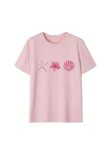 3pcs/Set Summer New Casual Floral, Starfish, Shell Print Round Neck Short Sleeve T-Shirts, Fashionable Versatile Suitable For Beach Vacation Wear - Light Blue, Pink, and Apricot - View 6