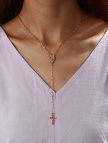 6毫米念珠项链，男女通用，长款金/银链，十字架吊坠项链，宗教祈祷饰品，男士项链礼物 - 6mm念珠項鍊 - 查看 4