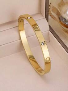 1pc/2pcs Elegant Stainless Steel Heart-Shaped Bracelet, Waterproof & Fade-Resistant, Suitable For Women, Daily Wear, Valentine's Day Gift, Wedding, Wrist Stacking Jewelry Set, Girls, Ladies, Mothers, Relatives, Friends, Beautiful Wedding, Birthday, Mother's Day - Yellow Gold - View 4