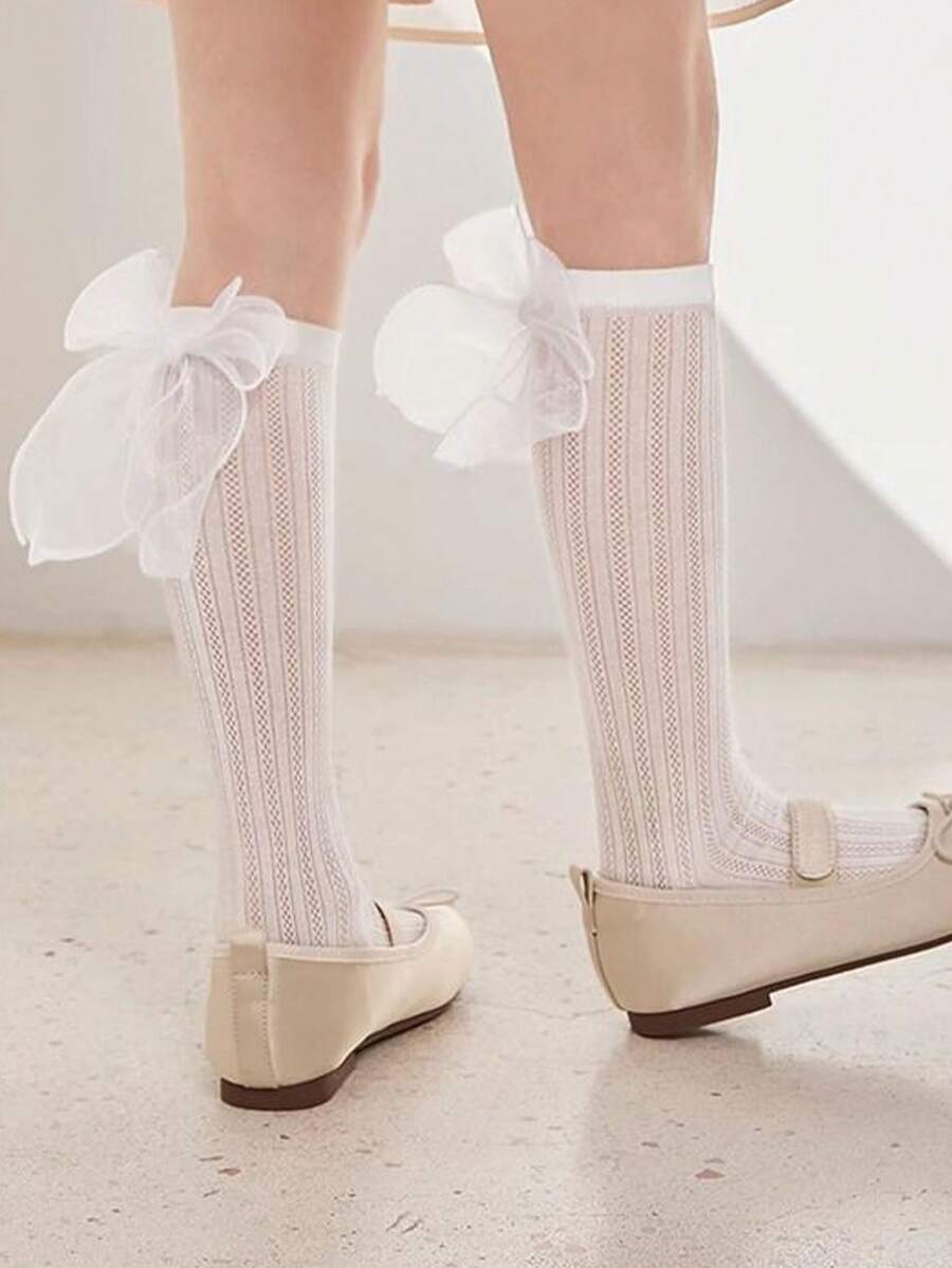 1 Pair Summer Children's Socks - Tall Summer Lightweight Style Stockings For Girls - Long Tube - Sweet And Cute Princess Bow Net Eyelet Lace Border Mid-Length Stockings - Multicolor - View 1