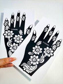 2 Pcs Gorgeous Floral Mehndi Tattoo Stencils, Featuring 3D Flowers And Scroll Patterns For An Exotic Retro Style, Ideal For Henna Art, Parties And Exotic Looks,Adding A Delicate Exotic Vibe And Details To Your Hands - Black - View 6