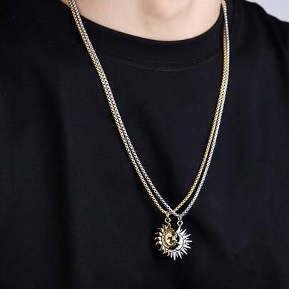 2 piezas, Sencillez personalizada, Collar con colgante asimétrico de aleación con sol y luna, Cadena de suéter, Collar de pareja, Adecuado para reuniones diarias y fiestas