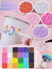 24色树脂水晶钻石装饰套装，3毫米/4毫米/5毫米多色扁平宝石，适用于钻石画、美甲、工艺品、书籍、化妆等，包含镊子和点钻笔 - 彩色 - 查看 2