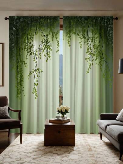 2 piezas Cortinas de dormitorio con diseño de hojas y enredaderas verdes, semi-opacas, sin necesidad de perforar, con bolsillo para barra, estilo primaveral fresco para la sala de estar, cocina, adecuado para decoración del hogar, decoración de habitaciones, división de la casa, material de poliéster, lavable a máquina y a mano